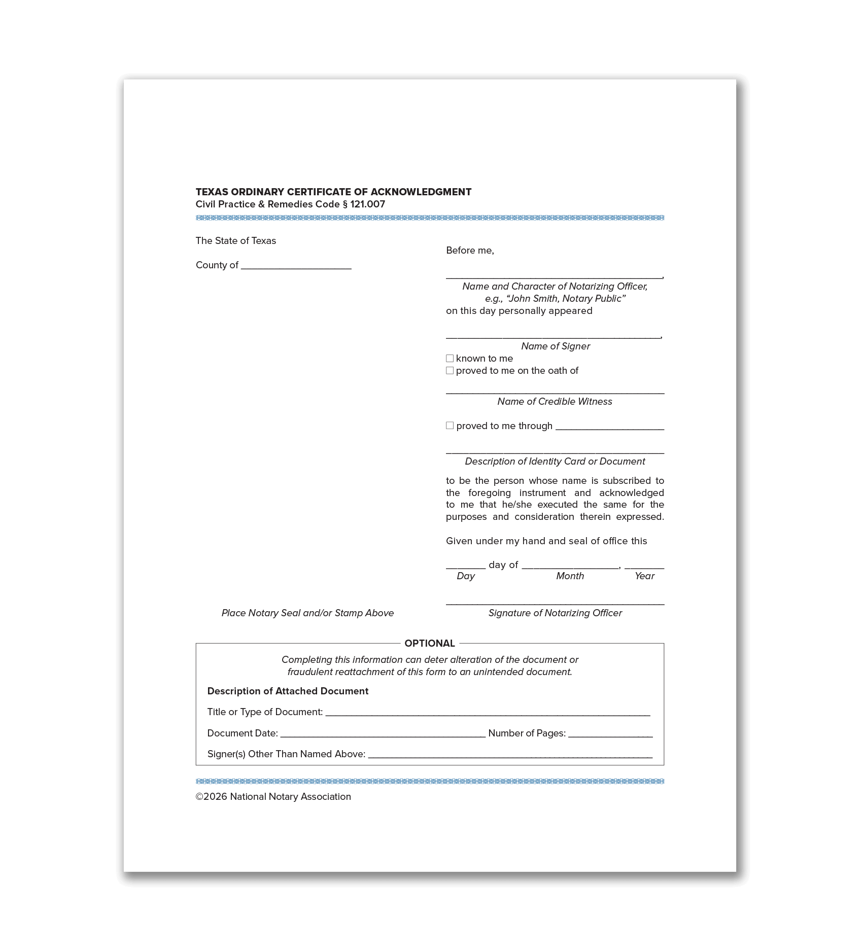 Texas Ordinary Certificate of Acknowledgment