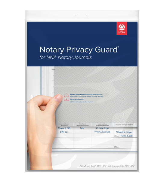 a notary privacy guard resting on a journal