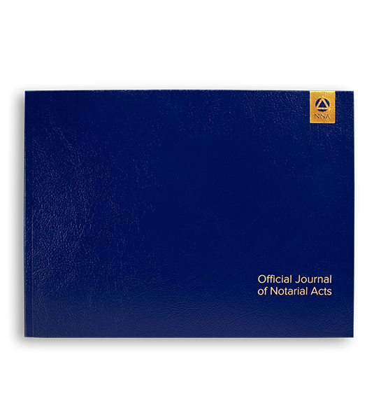 a blue softcover notary journal