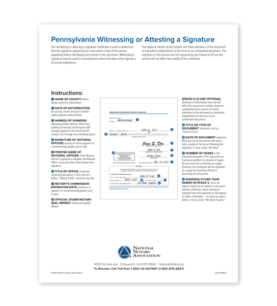 Pennsylvania Witnessing or Attesting a Signature NNA