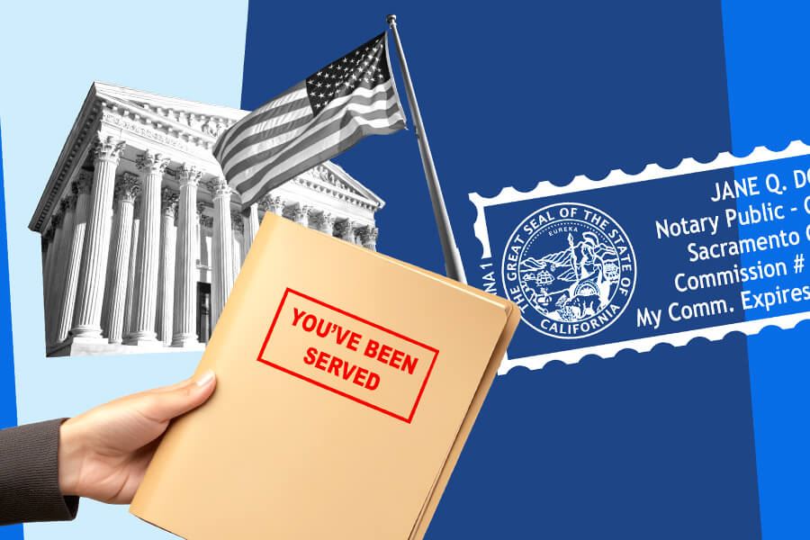 collage of court house, american flag, notary seal and hand with You've Been Served papers