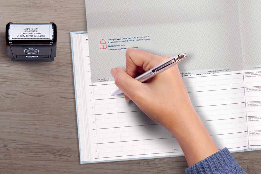 An Illustration of hand writing on a Notary journal with a stamp on desk