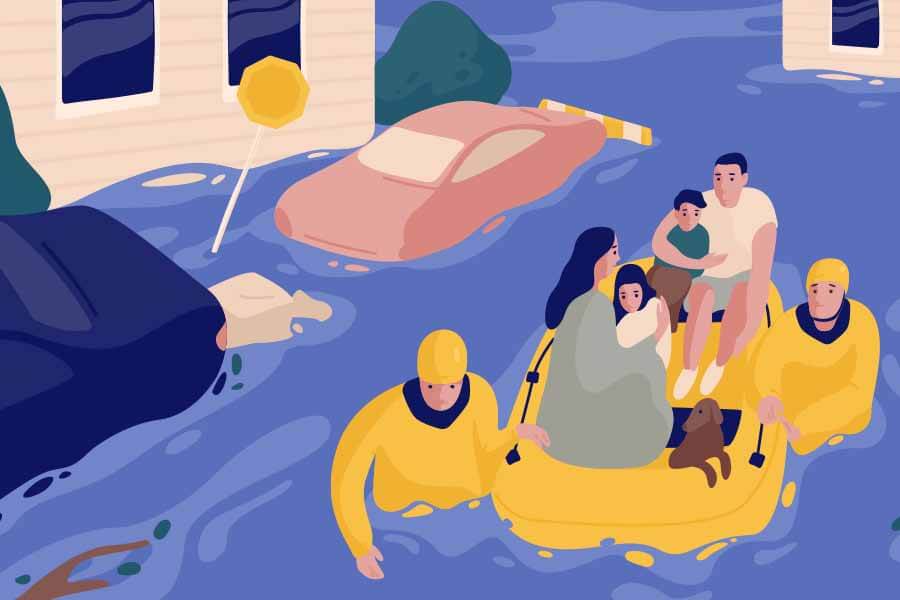 An illustration of people being rescued from a flood