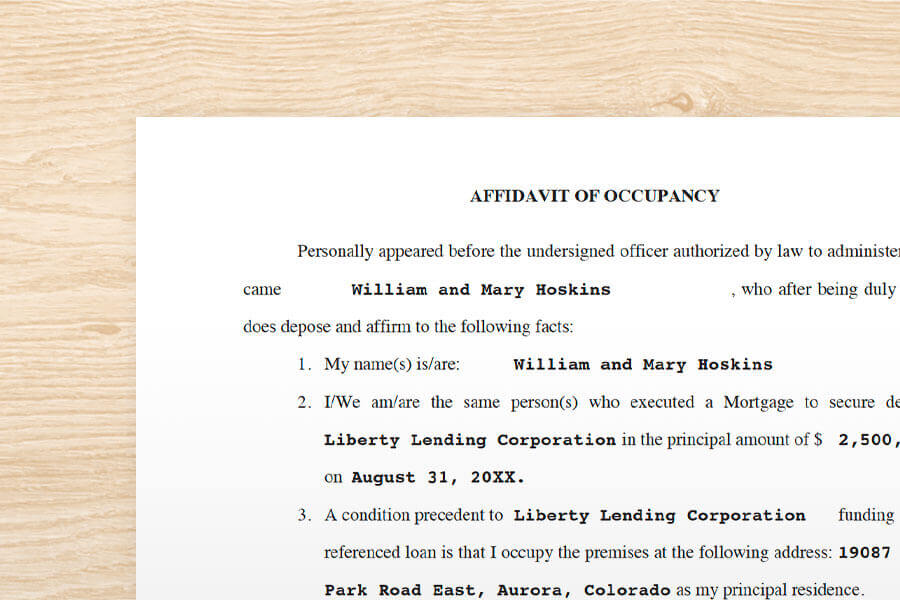 Affidavit of Occupancy document on wooden surface