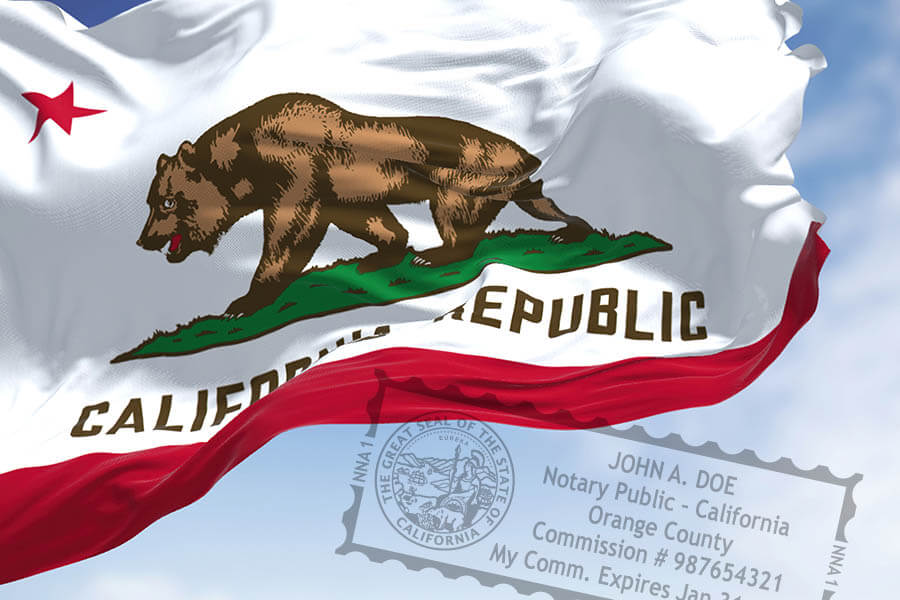 California state flag with Notary Public seal, representing Assembly Bill 1597 to raise Notary fees and protect access to Notary services.