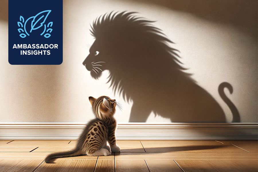 Image shows a cat imagining itself as a lion.