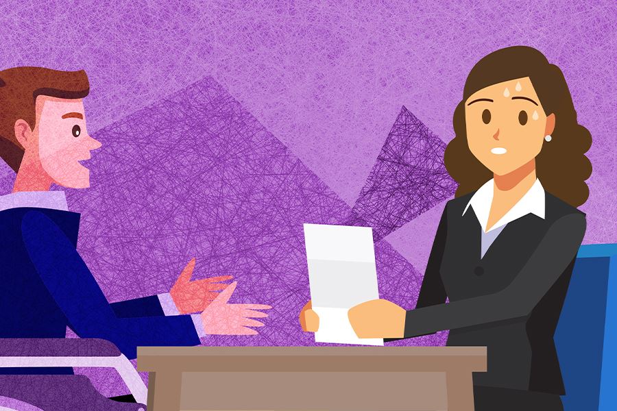 Illustration of a nervous new Notary Signing Agent reviewing loan documents while a signer gestures with questions at a desk.