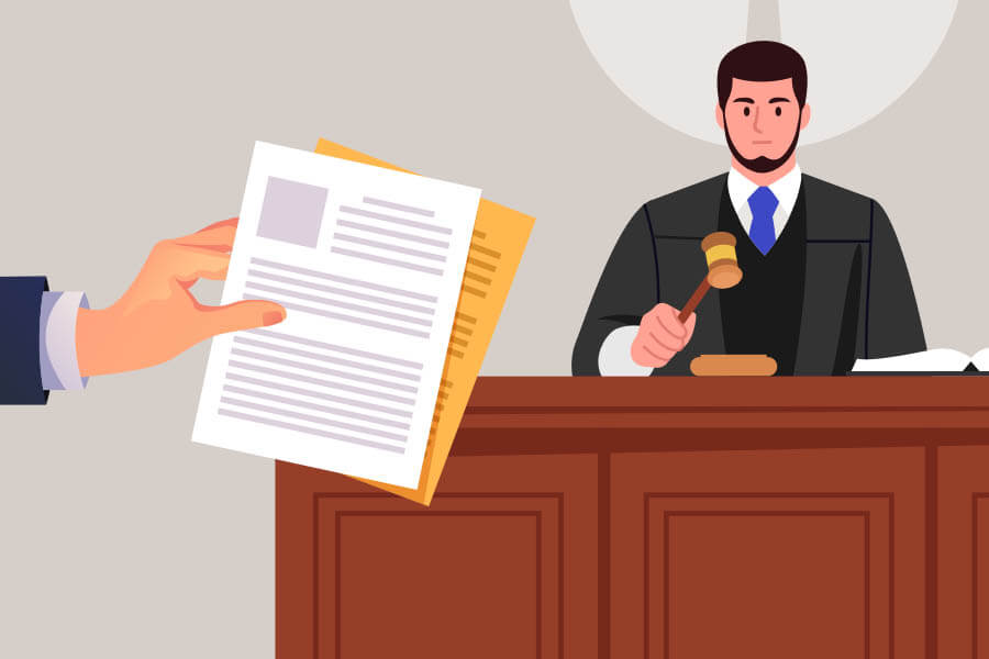 An illustrated image showing a person handing legal documents to a judge, who is seated at the bench holding a gavel, symbolizing a courtroom or legal proceeding.