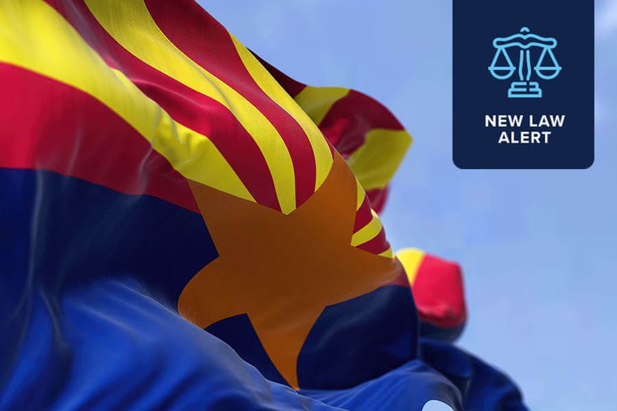 Arizona state flag waving with a New Law Alert tag showing justice scales.