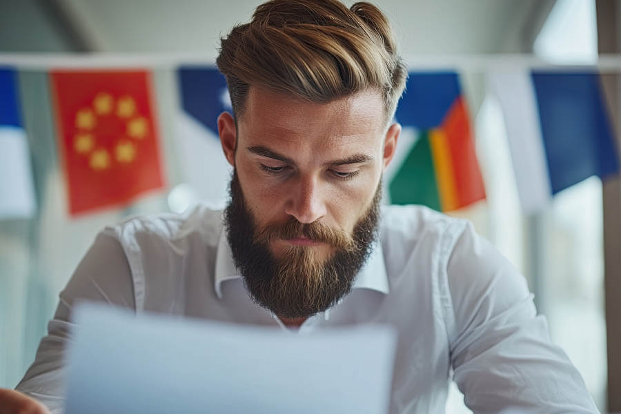 Bearded man reviewing a foreign-laguage document