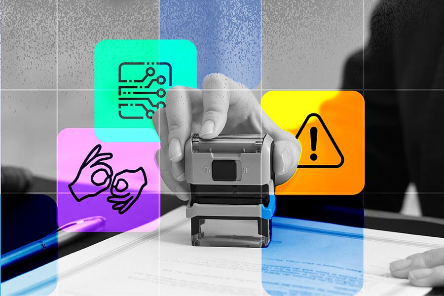 A collage-style graphic featuring a black-and-white photo of a hand applying a Notary stamp on a document.
