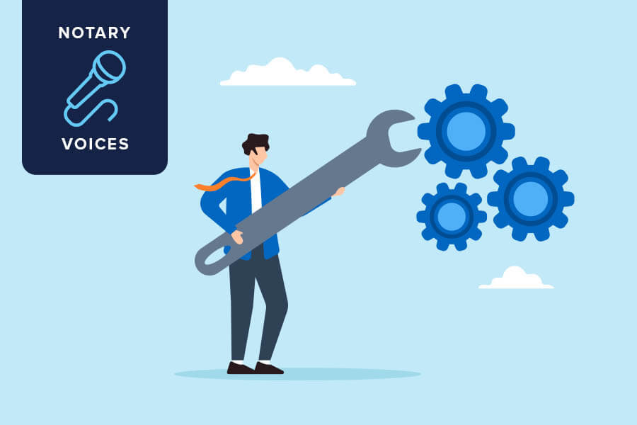 An illustration of a person in a blue jacket and orange tie holding an oversized wrench, adjusting three large blue gears. The background is light blue with scattered clouds, giving a clean and modern design. This Notary Voices article highlights essential tools and apps for Notaries.