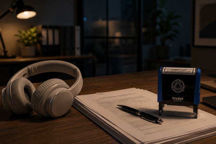 Headphones, documents and a Notary seal stamp
