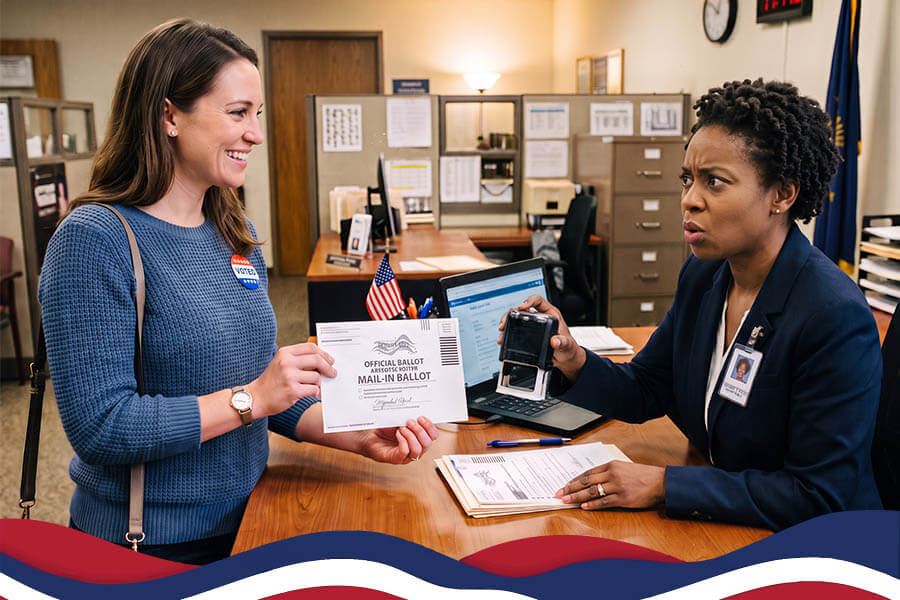 A voter presents an absentee ballot to a Notary