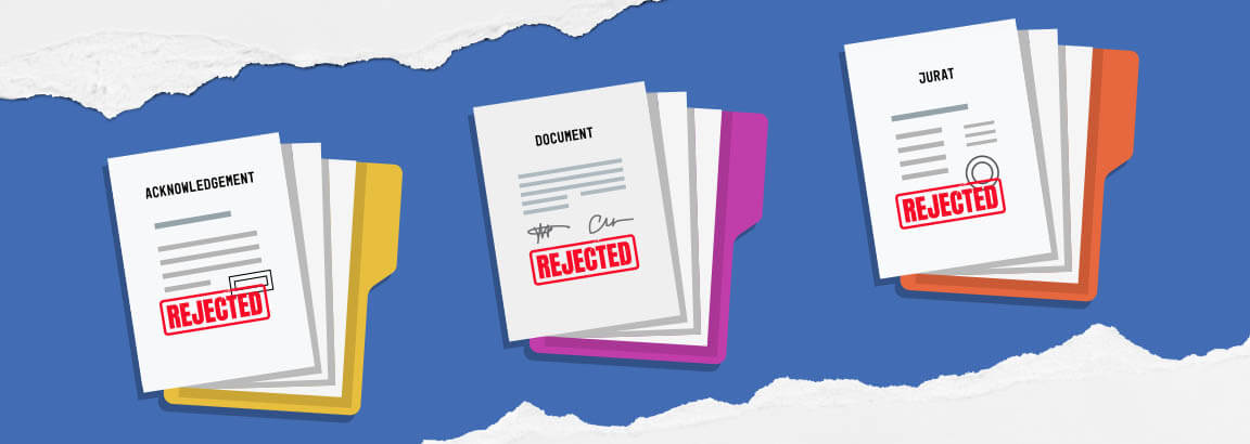 Rejected Notary documents showing common notarization mistakes caught by state officials.
