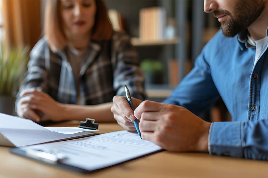 Two people talking while one writes on a clipboard