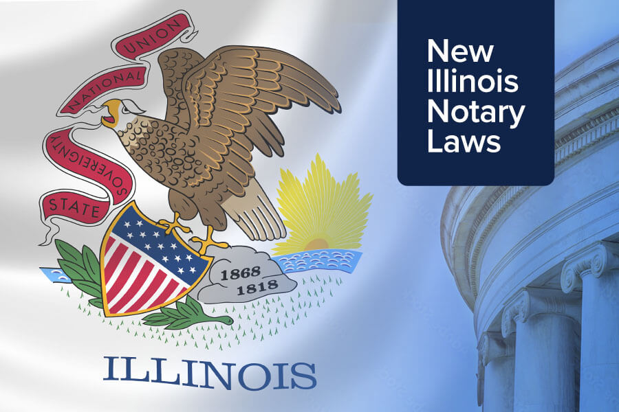 Illinois flag with 'New Illinois Notary Laws' tag