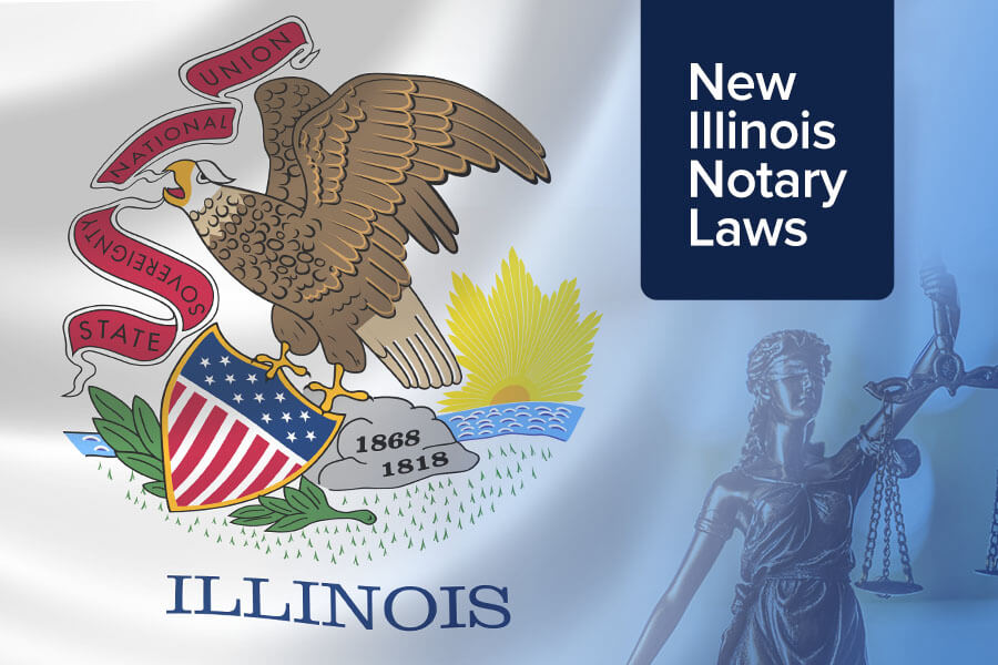 Illinois flag with 'New Illinois Notary Laws' tag