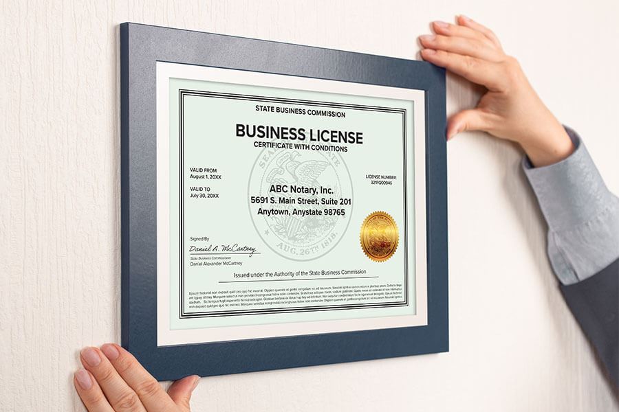 A business license displayed in a frame