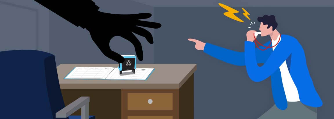 Illustration of a Notary catching the unauthorized hand using a Notary seal