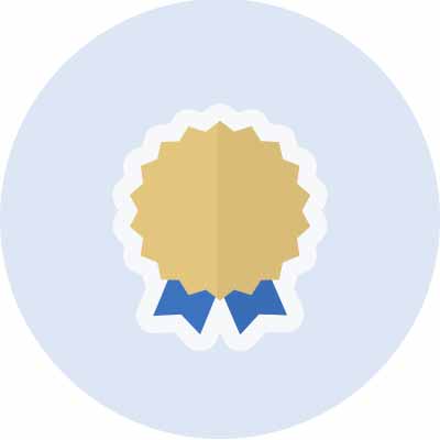 Gold badge with blue ribbon