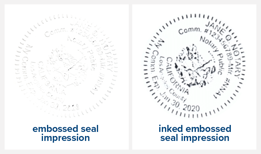 Two side by side images of embossed seal impressions, one just embossed, and one inked and embossed