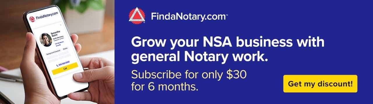 Desktop banner ad for FindaNotary.com subscription discount