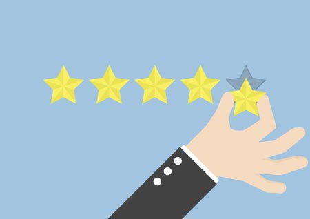 An illustration of a hand in a suit placing the fifth star in a five-star rating system on a blue background.