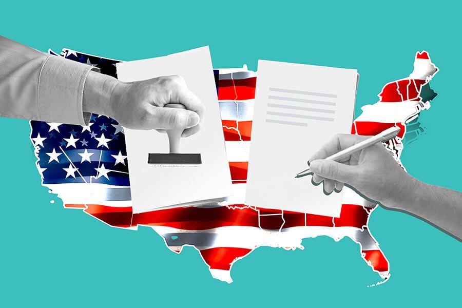 collage of United States with flag, one hand with notary stamp, one holding a pen
