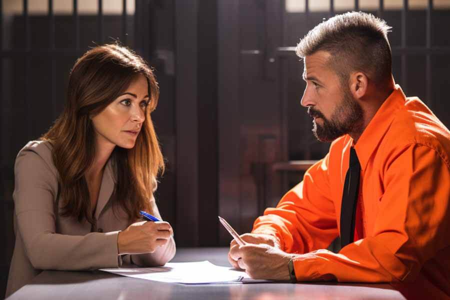 In a prison visitation room, a notary public having a conversation with an inmate.