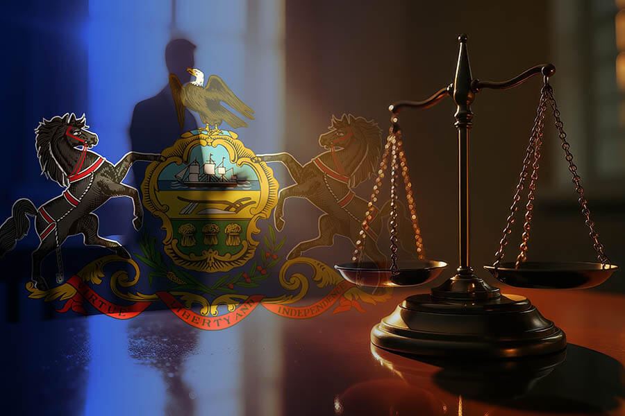 In the foreground, the scales of justice symbolize the legal consequences now facing the accused. Behind them, the official coat of arms of Pennsylvania is superimposed, anchoring the case within the state's authority and legal system. The shadowy silhouette of a person evokes secrecy, deception, or a figure under investigation—mirroring the alleged fraudulent actions. 