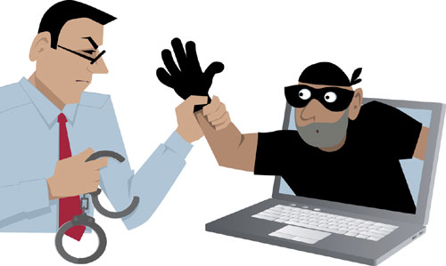 Illustration of a man in suit handcuffing a criminal popping out of a laptop