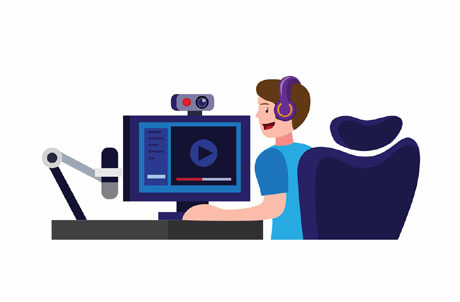 Illustration of man with headphones using a computer