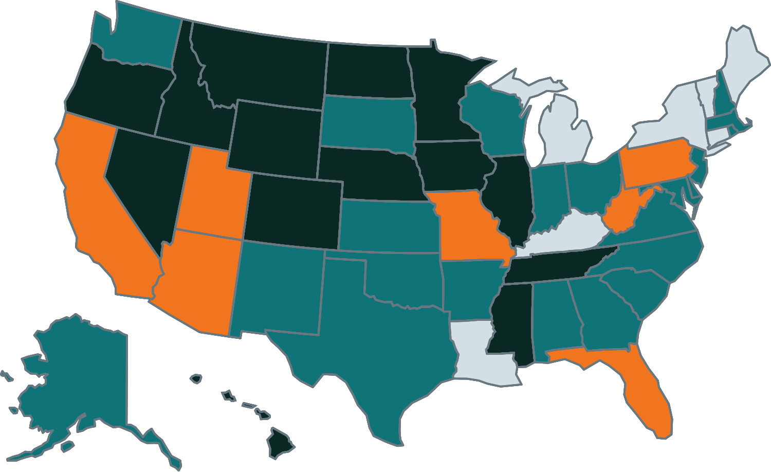 US map with color coded states