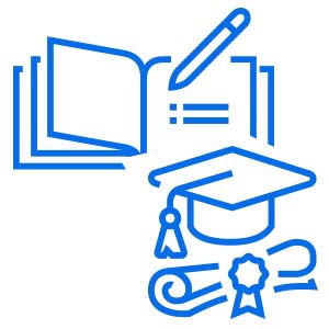 Blue icons of open notebook, graduation cap, and diploma