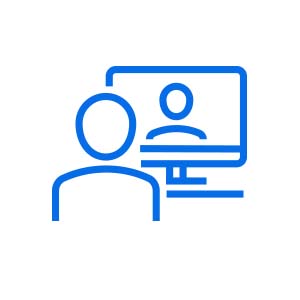Blue icon of person facing another person on computer