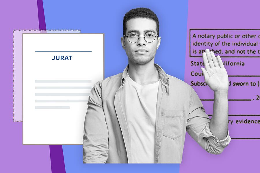 collage of young man giving an oath, jurat and jurat stamp