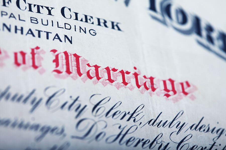 Close-up shot of a marriage certificate