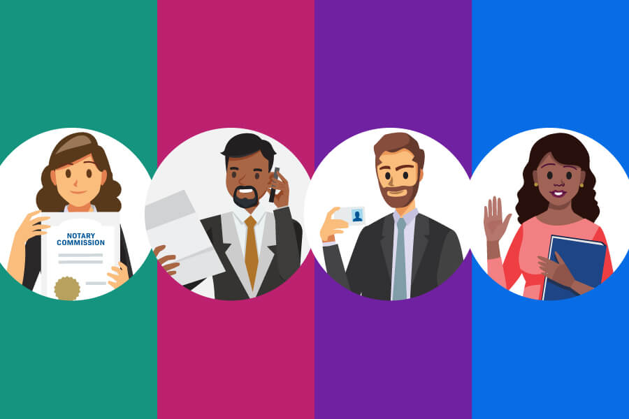 A colorful, four-panel illustration showcases different types of Notaries, each set against a distinct background color. Each character visually represents a different Notary identity, inviting viewers to find the one that best reflects their own Notary journey.