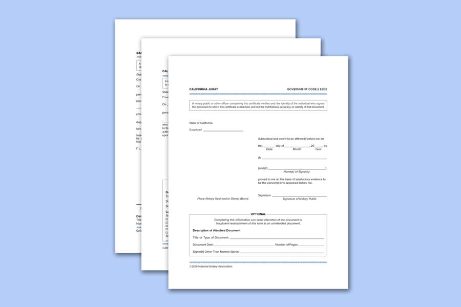 Stacked notary certificate forms with blank fields, including one labeled California Jurat