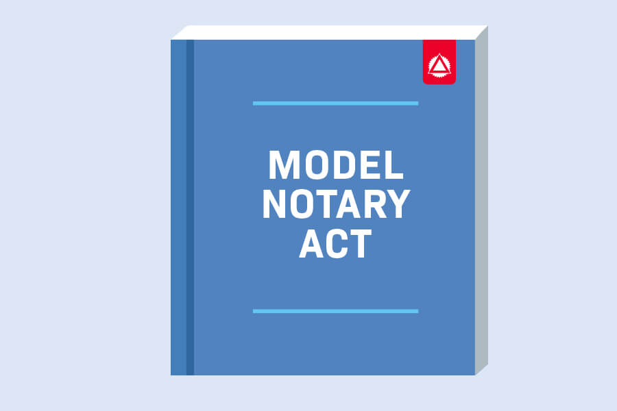A blue book cover titled MODEL NOTARY ACT with a small red triangle logo in the corner