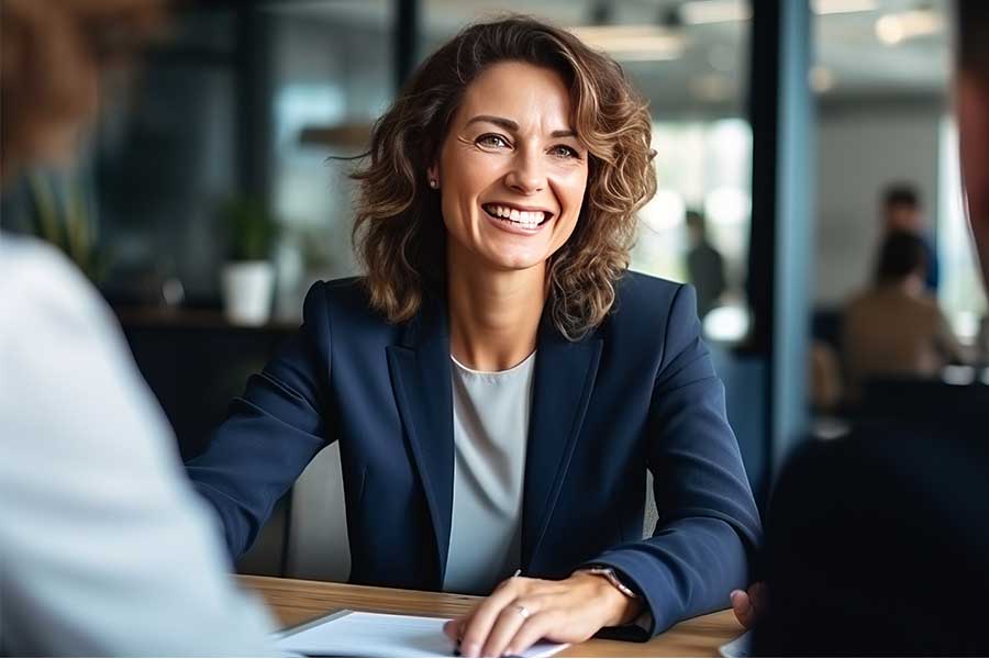 Smiling female Notary at her desk facing two clients