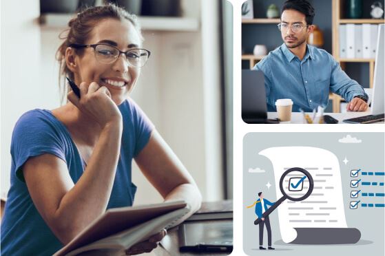 Collage of three images: a female Notary looking at a camera, a male Notary at his desktop, and a male Notary reviewing a checklist on a document.