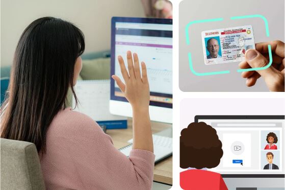 Collage of three images: a female raising her hand in front of a screen, an ID card, and a female talking to a client on a screen.