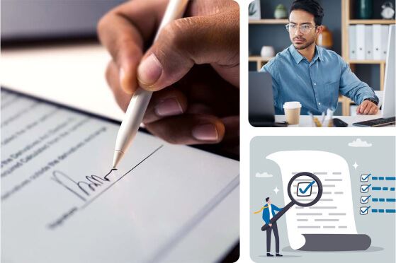 Collage of three images: a tablet screen, a male Notary looking at his desktop, and a male Notary checking a checklist on a document.