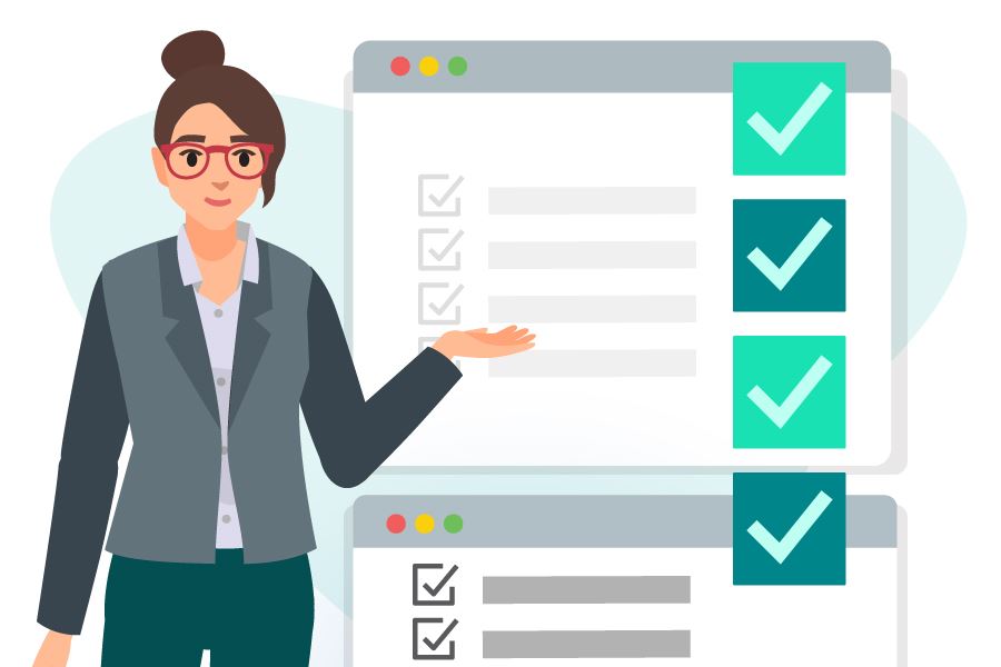 Illustration of female worker with glasses presenting a checklist on screen