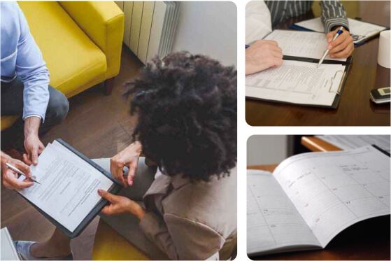Collage of three images: Two individuals discuss a document on a yellow couch, while close-up shots highlight someone pointing at a clipboard, and a calendar planner shows scheduled appointments.