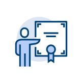 Illustration of a person beside a certificate representing certification or training completion.