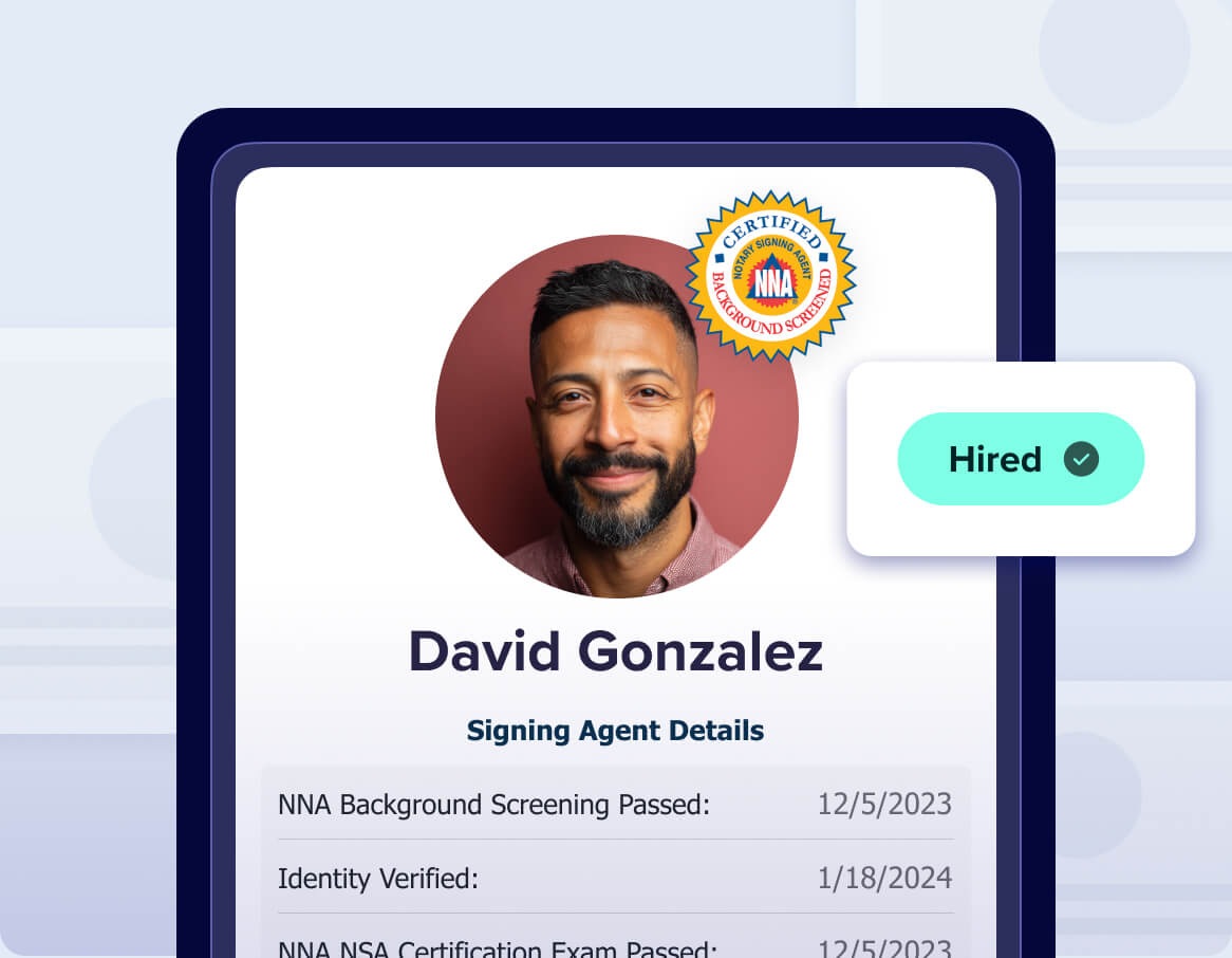 a Signing Agent profile on Signing Agent dot com with a green label saying Hired