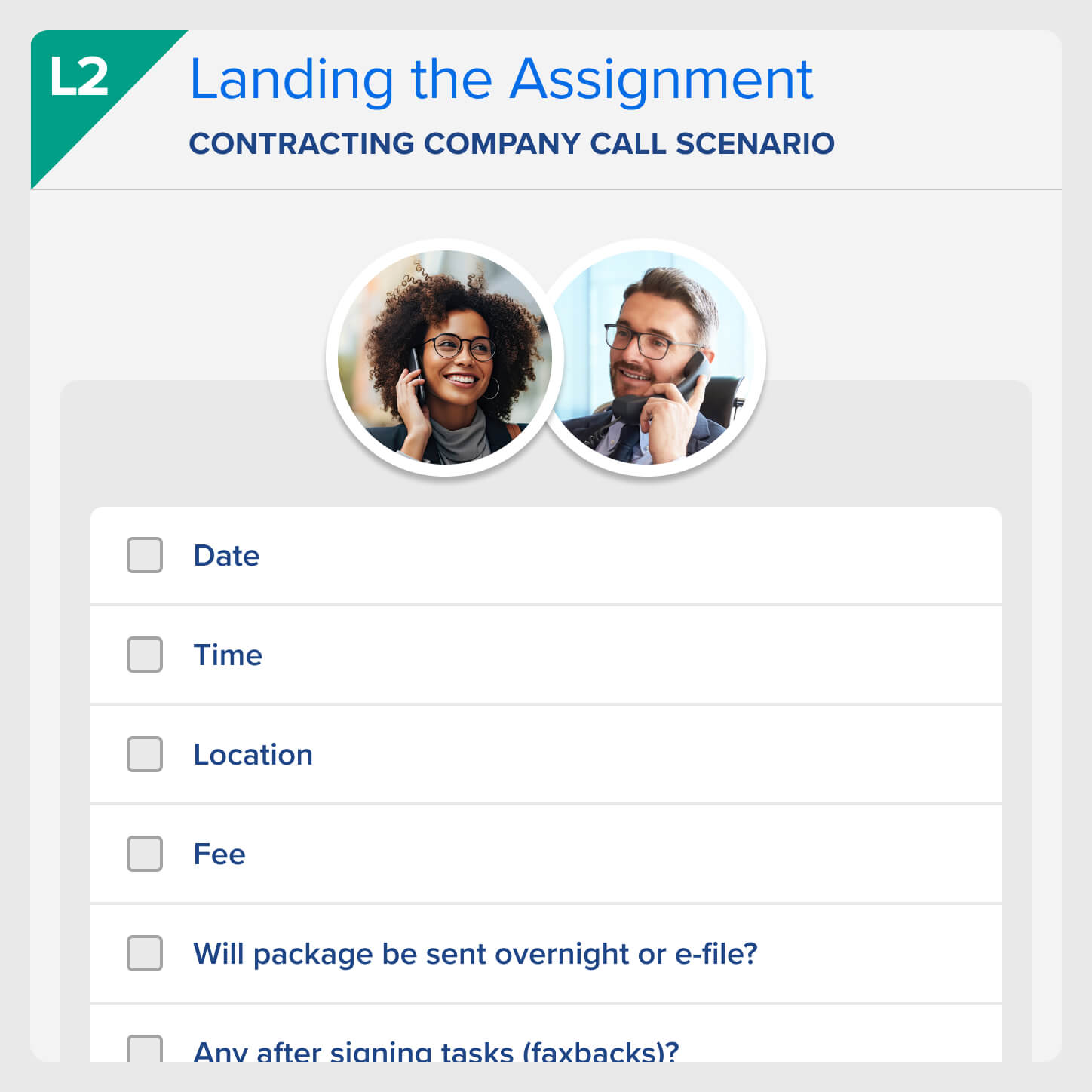 screenshot from lesson two of the NNA Signing Agent training showing a checklist of questions for a contracting company